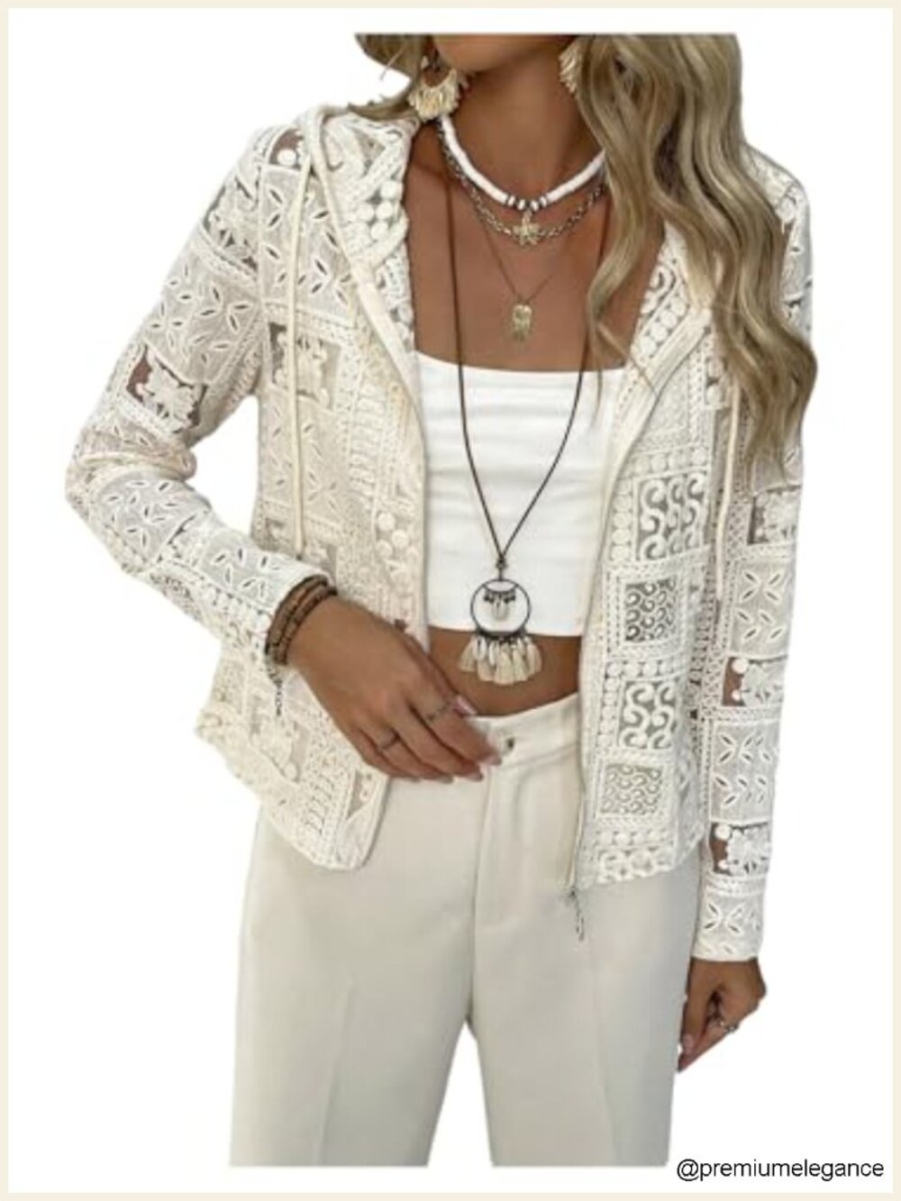 Women's Lace Cardigan Zip Up Crochet Sheer Long Sleeve Hooded Jacket